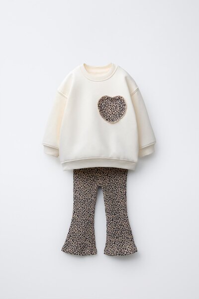 Magu Girl's Cotton Ecru Heart Appliqued Sweatshirt and Leopard Patterned Flare Leggings Set