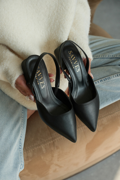 Savves Black Pointed Toe Low Heeled Women's Slingback Shoes