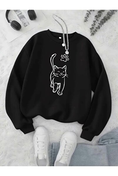 FUFLUNS Patili Cat Printed Oversize Unisex Women/Men's Circle Neck Sweatshirt