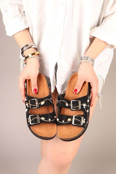 KCMN Feles Double Buckle Cork Sole Stone Detailed Women's Slippers Black