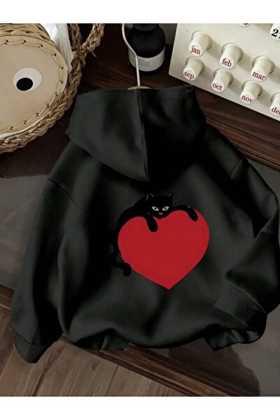 FUFLUNS سويت شيرت بقلنسوة مطبوع عليه قلب وقطة سوداء للجنسين للنساء/الرجال