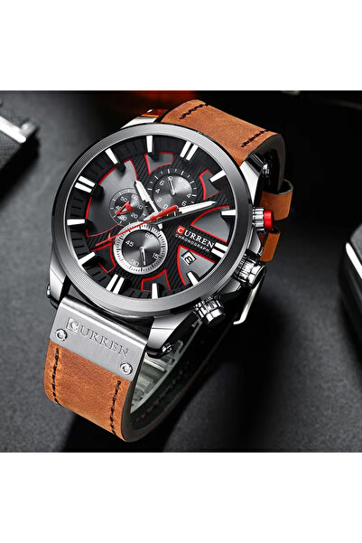 Curren 8346 Chronograph Men's Watch Silver Case, Dual Tone Dial Leather Strap Quartz Movement Date Display