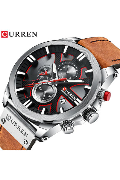 Curren 8346 Chronograph Men's Watch Silver Case, Dual Tone Dial Leather Strap Quartz Movement Date Display