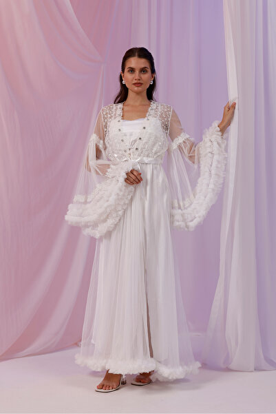 Yulem Homewear Ecru Fancy Lace and Stone Embroidered Satin Nightgown-Dressing Gown Set