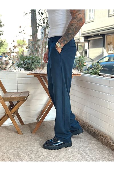 manch collection Striped Baggy Fabric Trousers Navy Blue