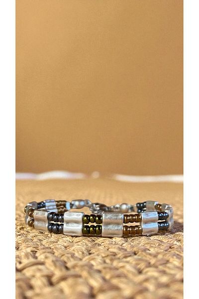 Bensei Takı Dükkanı Bensei̇ Silver Color Lacquer Finish Accessory, Miyuki Beaded Bracelet with Steel Lock and Chain