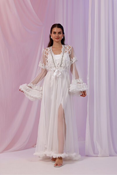 Yulem Homewear Ecru Special Design Fancy Lace and Stone Chain Embroidered Satin Nightgown-Dressing Gown Set