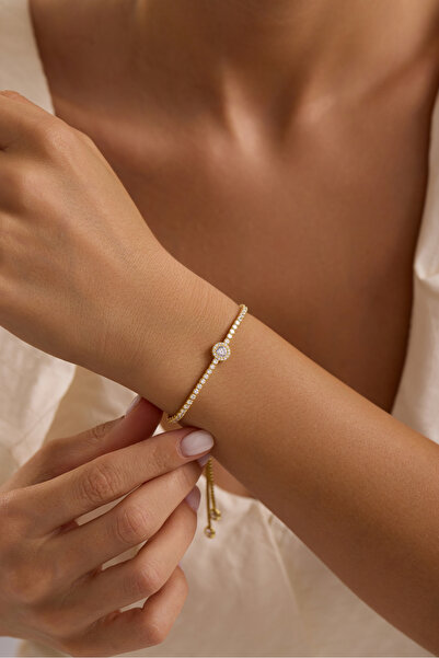 Nereze 925 Ayar Gümüş Gold Kaplama Ayarlanabilir Asansörlü Su Yolu Tektaş Elmas Montür Bileklik