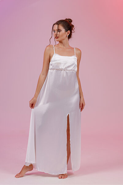 Yulem Homewear Ecru Special Lace and Stone Chain Flange Sleeve Feather Satin Nightgown-Dressing Gown Set