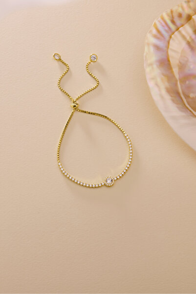 Nereze 925 Ayar Gümüş Gold Kaplama Ayarlanabilir Asansörlü Su Yolu Tektaş Elmas Montür Bileklik