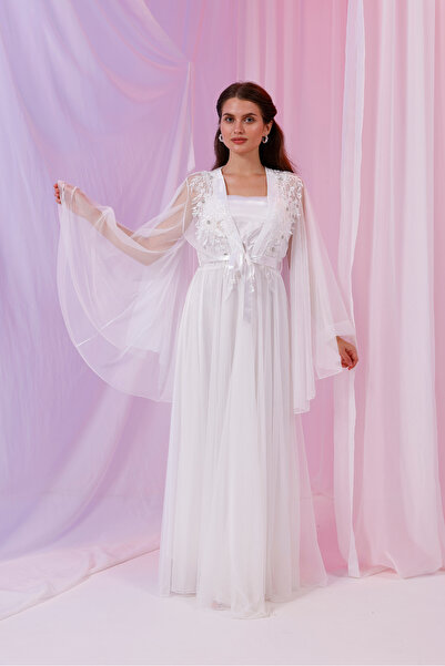 Yulem Homewear Ecru Special Lace Milano Design Feathered Satin Nightgown-Dressing Gown Set