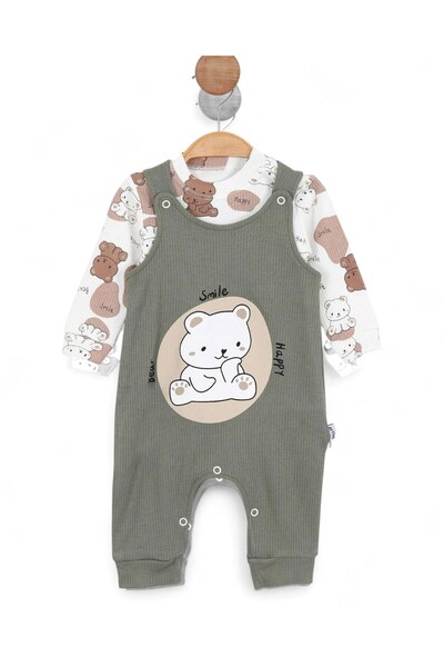 Ege Bebek Baby Boy 0-3-6-9 Months Bear Printed Salopet / Gardener Jumpsuit and Underwear Set