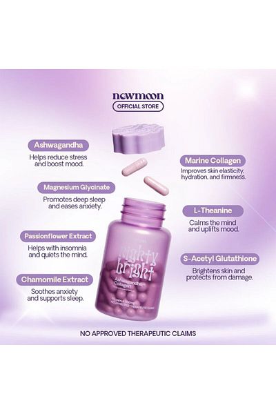 New Moon Nighty Bright Ashwagandha + Collagen 60 Caps x 500mg For Skin Brightening & Stress Relief