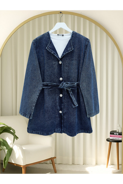 Modamorfo Belted Buttoned Round Neck Denim Jacket - Navy