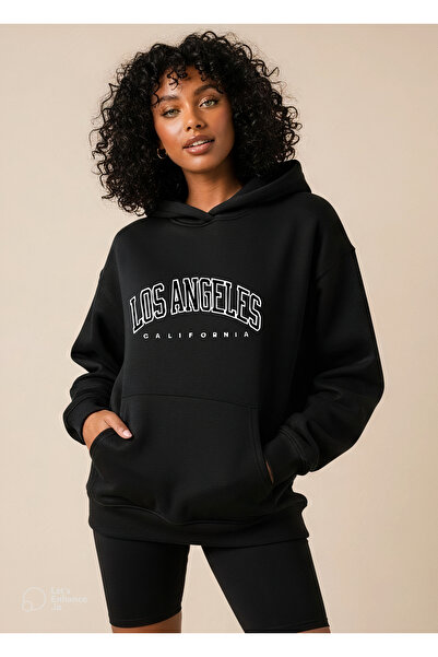Vooya Fashion سويت شيرت بقلنسوة أسود كبير الحجم مطبوع عليه نص لوس أنجلوس كاليفورنيا
