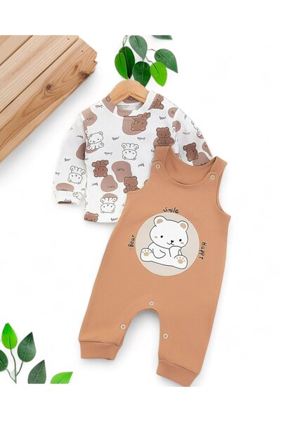 Ege Bebek Baby Boy 0-3-6-9 Months Bear Printed Salopet / Gardener Jumpsuit and Underwear Set