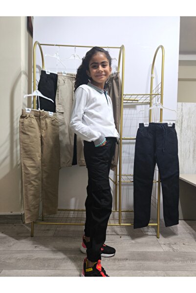 BY MİK COLLECTİON Çocuk Komando Cep Pantolon, Okul Gabardin, Kırışmaya Dayanıklı Rahat, Paça Bel Lastikli