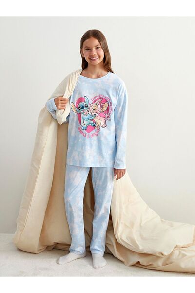 LC Waikiki Blue Crew Neck Stitch and Angel Printed Girls' Pajama Set