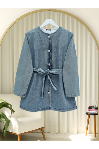 Modamorfo Belted Buttoned Round Neck Denim Jacket - Ice Blue