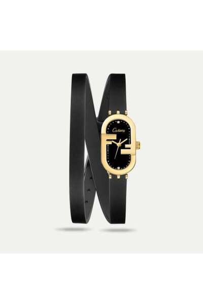 catera Caterra women's watch, black leather, gold frame, black dial