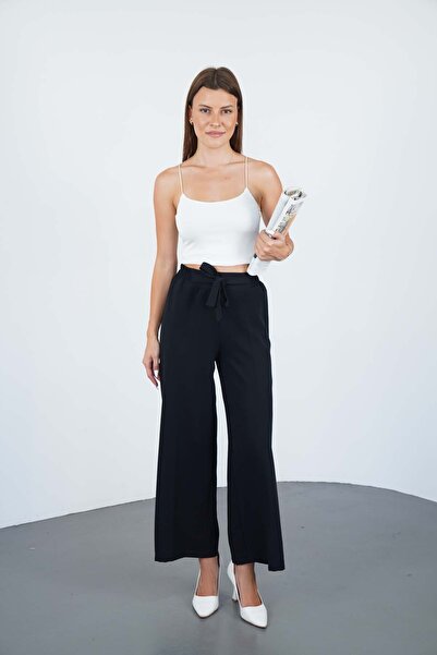 makarimato Modern Wide Leg Women's Double Fabric Trousers with Belt