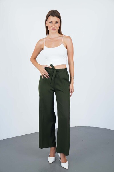 makarimato Kuşaklı Modern Bol Paça Kadın Double Kumaş Pantolon