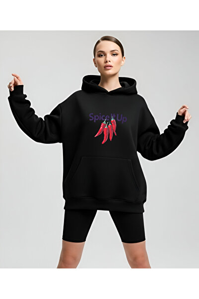 Bheka Concept سويت شيرت بقلنسوة كبير الحجم مطبوع عليه الفلفل الحار من Spice I...