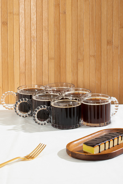 DORRY HOME 11412 Set of 6 Glass Coffee Tea Cups with Bead Handles 250 ml