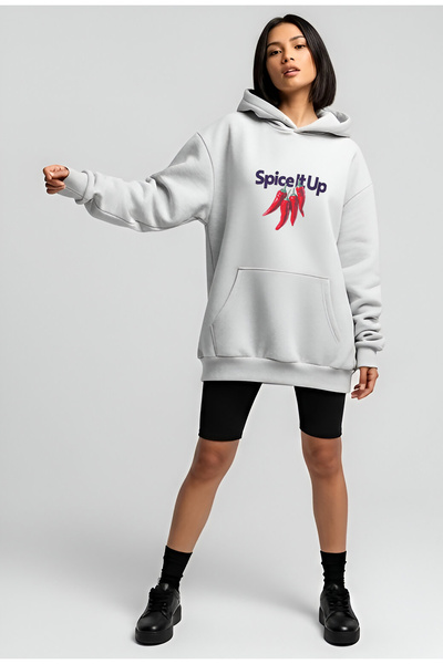 Bheka Concept Spice It up Written Pepper Printed Melange Oversize Women's Hooded Sweatshirt Hoodie