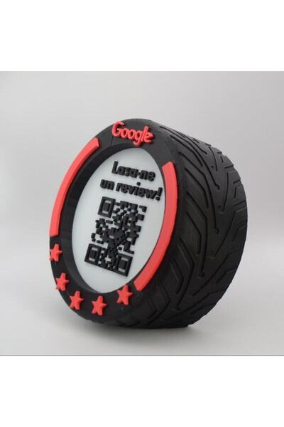 OEM Stand with QR Code for Google Reviews, NFC, F1 Wheel Model, 3D Printed, Black and Red