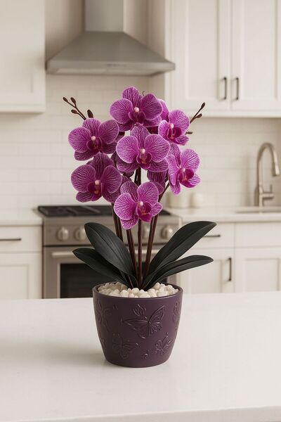etxShop Plastik Saksıda Yapay Çiçek Dekoratif Saksı Modern Hazneli Plastik Yapay Orkideli Ev Dekorasyon