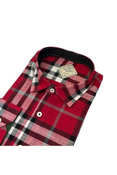 GÖMLEK GALERİSİ Slim Fit Cut Plaid Linen Long Sleeve Men's Shirt