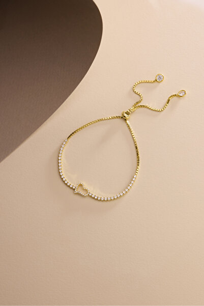 Nereze 925 Ayar Gümüş Gold Kaplama Ayarlanabilir Asansörlü Su Yolu Kalp Model Bileklik