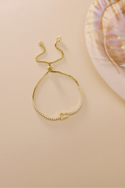 Nereze 925 Ayar Gümüş Gold Kaplama Ayarlanabilir Asansörlü Su Yolu Kalp Model Bileklik