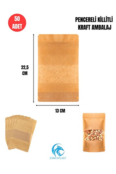 zankaplast Pencereli Kilitli Kraft Doypack 50 Adet - 13 CM X 22.5 CM