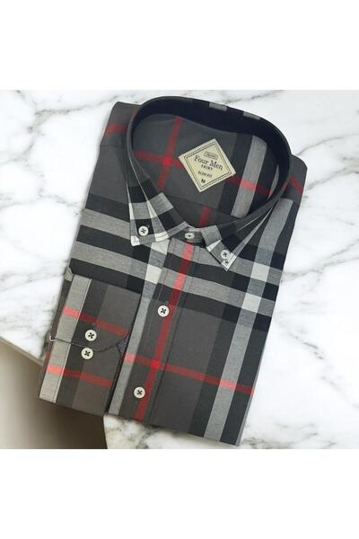 GÖMLEK GALERİSİ Slim Fit Cut Plaid Linen Long Sleeve Men's Shirt