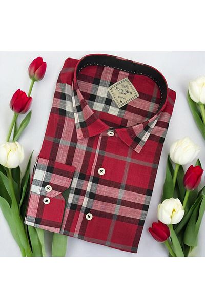 GÖMLEK GALERİSİ Slim Fit Cut Plaid Linen Long Sleeve Men's Shirt