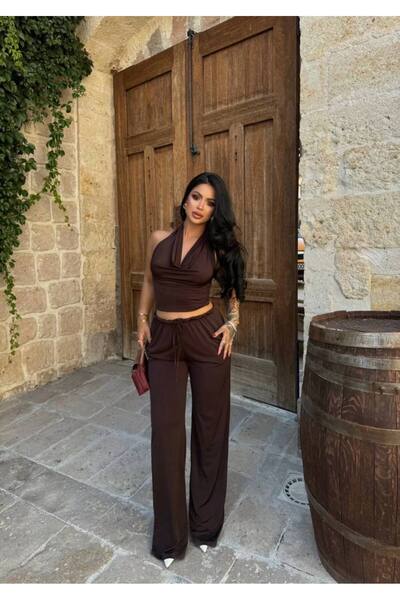 aytenli Degaje Collar Halter Backless Top Elastic Waist Pocket Lace-Up Size Genş Pants Suit