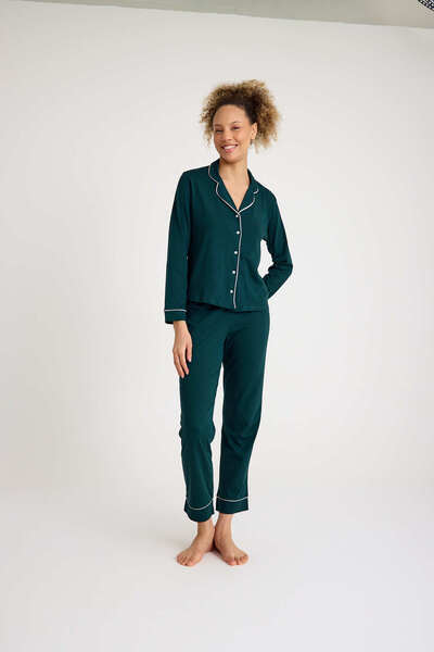 Dennis Denise Long Sleeve Cotton Women's Dark Green Piping Pajama Set