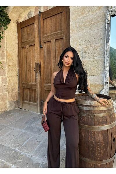 aytenli Degaje Collar Halter Backless Top Elastic Waist Pocket Lace-Up Size Genş Pants Suit