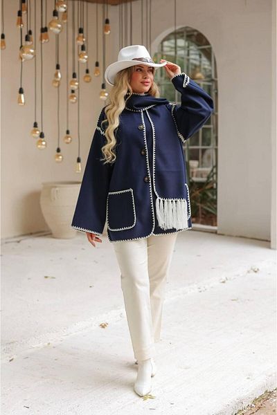 aytenli Round Neck Button Pocket Embroidered Shawl Medium Thickness Italian Cashmere Jacket