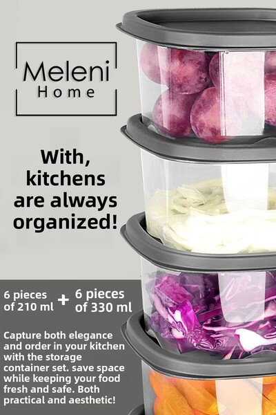 Meleni Home 12-Piece Square Food Storage Container - Microwave Deep Freezer Storage Container 6X(210-330)Ml Anthracite