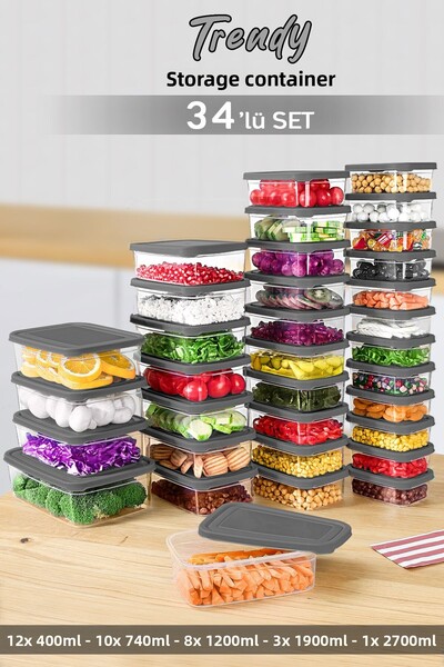 Meleni Home Rectangular Food Set of 34 - Microwave Safe Strong Organizer Gray