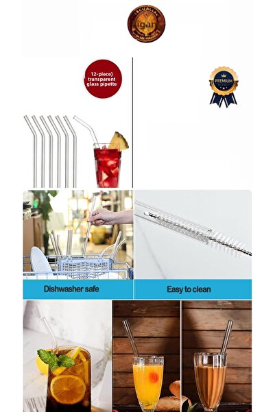 figanlar ambalaj (Thick) 1St Quality Reusable Washable 12Pcs Glass Drinking Straws + 2Pcs Cleaning Brush