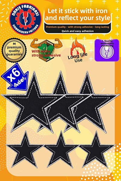 Nakış Fabrikası Iron-On Embroidered Patch Arma Veil, Black Star (6 Pcs), Dome...