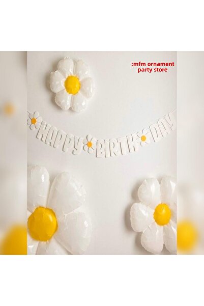 MFM مجموعة بالونات من رقائق البابونج باللون الأبيض Happy Birday EVA