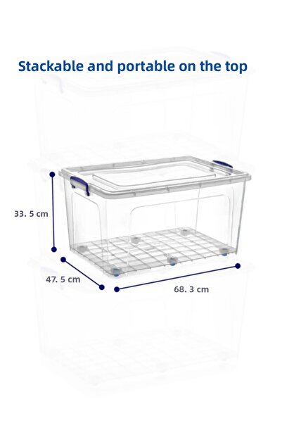Loremp 80 Lt Transparent Storage Box with Wheels Lock Lid Suitable for Food Contact Clothes and Toy Storage