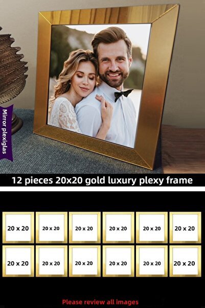 yhfoto 12 قطعة 20x20 إطار زجاج شبكي مرآة ذهبي إطار مربع فاخر