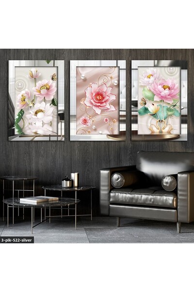 Evinemoda Огледална картина от плексиглас с розови цветя, сребърна, 3 части