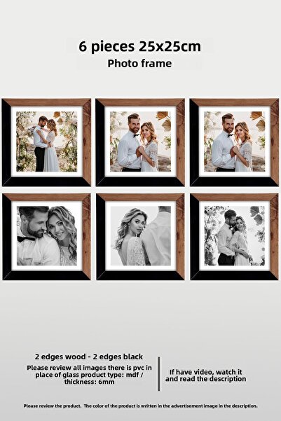 bymat 6 قطع إطار 25x25 - إطار مربع MDF - إطار صور - إطار خشبي أسود بلونين
